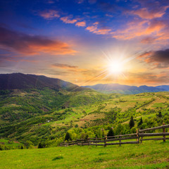 fence on hillside meadow in mountain at sunset © Pellinni