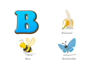 ABC letter B funny kid icons set: banana, bee, butterfly