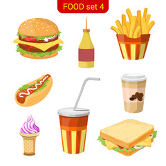 Fast food vector icon set. Burger, fried potato, hot dog, cola.