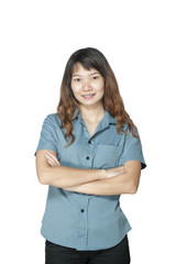 Confident Asian business woman, closeup portrait on white backgr