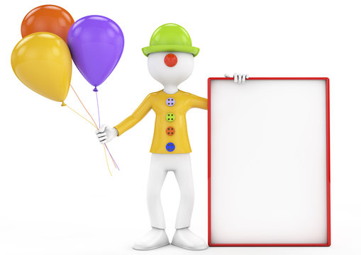 3d clown holding blank board and ballons over white background