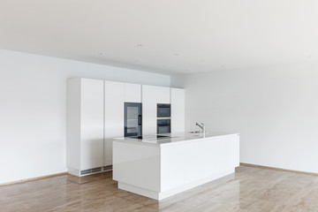 beautiful empty apartment, marble floor, modern kitchen
