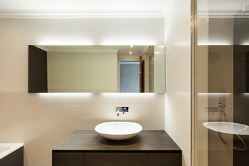 beautiful modern bathroom, ceramic basin and mirror