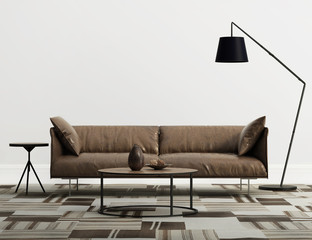Minimal contemporary  interior with brown leather  sofa