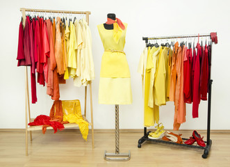 Wardrobe with yellow,orange and red clothes on hangers and dummy