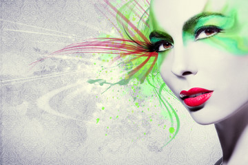 Beautiful woman, Artwork with ink in grunge style