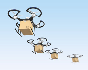 Air drone flying in line to delivery carton parcels