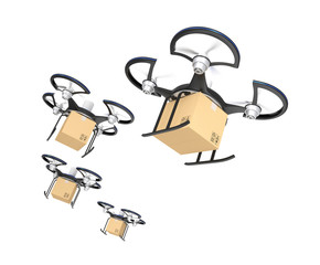 Air drone flying in line to delivery carton parcels - obrazy, fototapety, plakaty