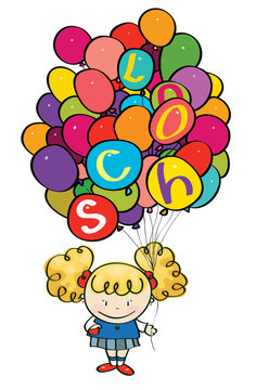 Vector little girl holding many colorfull balloons with school l