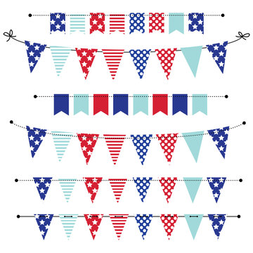 banner, bunting or flags in red white and blue patriotic colors