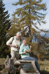 Italien,Südtirol,Älteres Paar sitzt an Mulde und mit Snacks