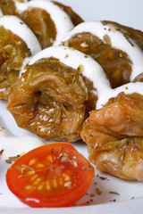 stuffed cabbage rolls with sour cream and cherry tomatoes