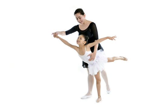 Little Girl Ballerina Learning Dance Lesson With Ballet Teacher