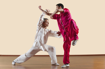 Fototapeta premium Kung Fu,Changquan,Duilian,Lange Faust Style,zwei Männer,die Kung- Fu-Bewegungen