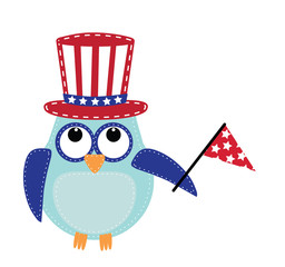 Owl wearing a patriotic uncle sams hat holding a flag