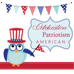 Owl wearing patriotic uncle sams hat holding a flag