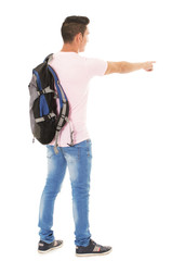 student wearing a backpack on white background