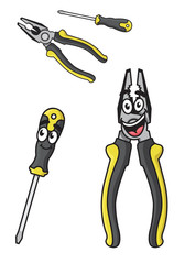 Matching cartoon pliers and screwdriver