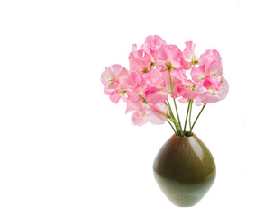 Small green vase with Sweet Pea flower boquet.