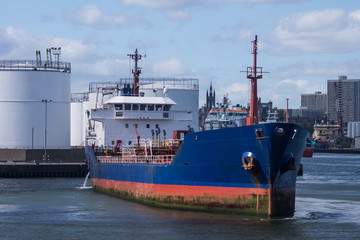 Oil products tanker leaving terminal