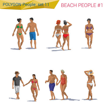 Polygonal style beach people walking set