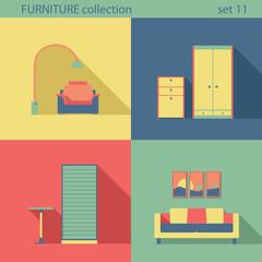 Creative design furniture icons set. Interior Long shadow style.
