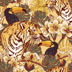 Plakaty  Tropikalny kwiatowy bezszwowe tło z tygrysem