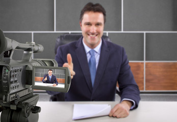 tv studio camera recording male reporter or anchorman