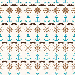 Seamless pattern of anchors, hand wheels and mustache