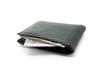 Black leather wallet on white background