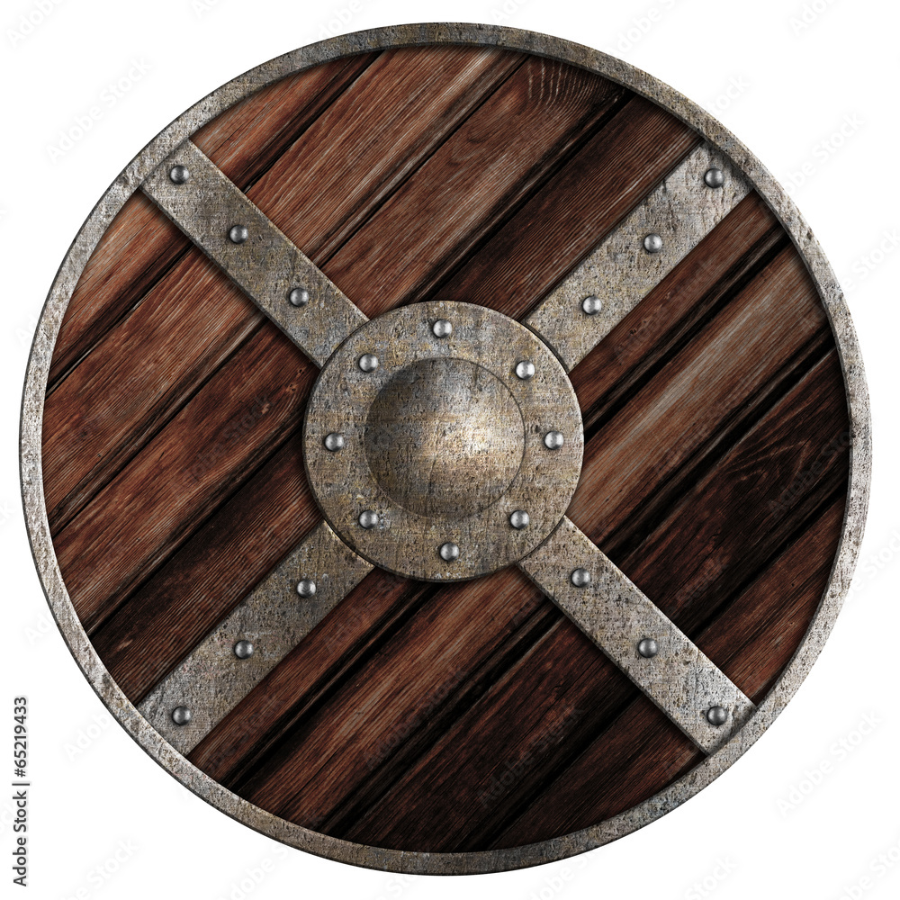 Wall mural medieval round wooden shield of vikings isolated on white