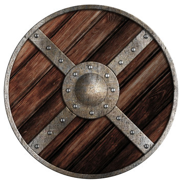 Medieval round wooden shield of vikings isolated on white