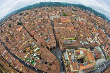 Fisheye cityscape view from two towers, Bologna