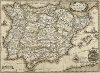 Antique Spain and Portugal map in sepia tone