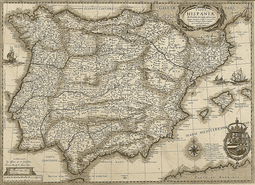 Antique Spain And Portugal Map In Sepia Tone