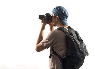 Portrait of male photographer with camera isolated on white back