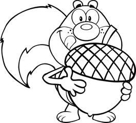 Black And White Squirrel Cartoon Character Holding A Big Acorn