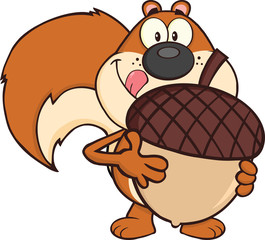 Squirrel Cartoon Mascot Character Holding A Big Acorn