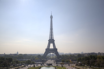Fototapeta na wymiar Foggy Paris and Eiffel tower. View from Trokadero. France