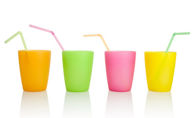 Plastic cups with drinking straws, clipping path