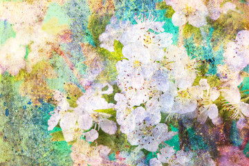 Spring white flowers and messy watercolor splashes - 65227239