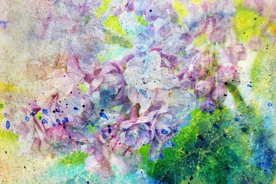 Lilac branch and messy watercolor splatter