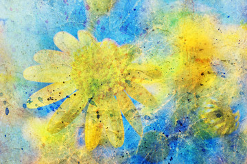Fototapeta na wymiar Sunny yellow flower and messy watercolor splatter