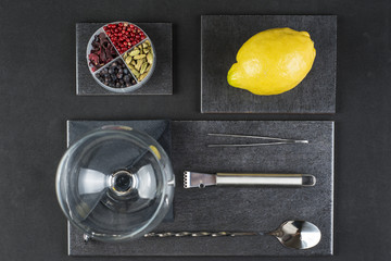 Utensilios e ingredientes para preparar un gin tonic