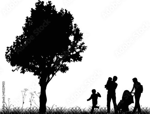 "family and tree silhouettes isolated on white" Stock image and royalty