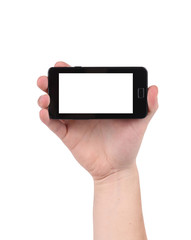 Hand holds cell phone with clipping path.