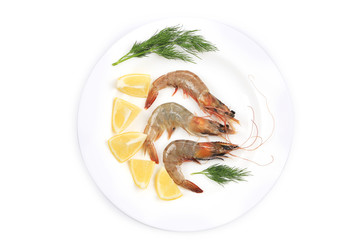 Raw shrimps on plate with lemon and dill.