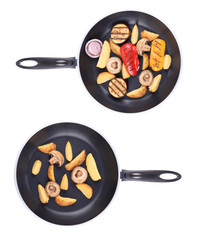 Two frying pans with vegetables.