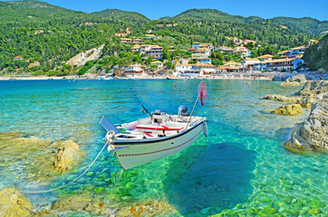 Greece - Lefkas - Agios Nikitas - transparency - boat - obrazy, fototapety, plakaty