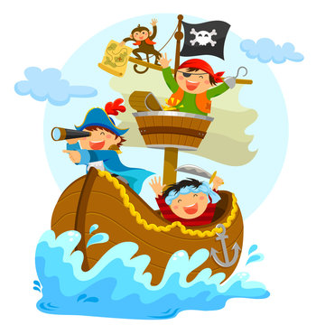 happy pirates sailing in their ship